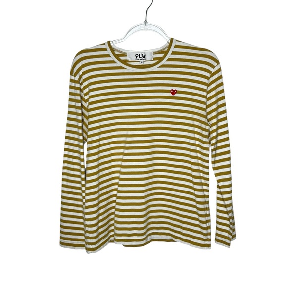 Comme des Garcons | PLAY Heart Patch Striped Long Sleeve Top Olive Green Medium - Picture 2 of 7